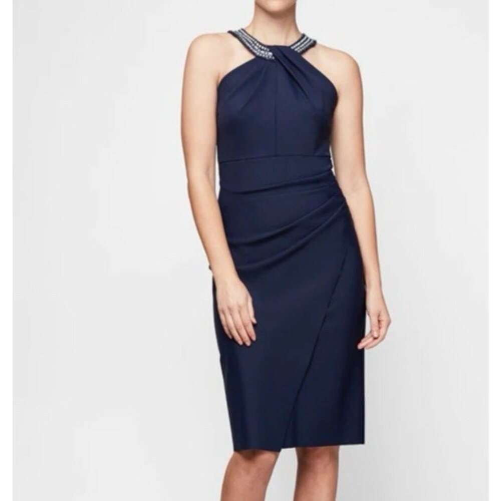 Alex Evenings 14 Dress Blue Crystal Drape Neck Wedding Cruise Party Event NEW